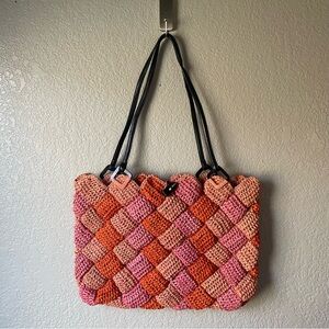 Annabel Ingall Australia 100% Raffia Orange Pink Square Woven Shoulder Tote Bag